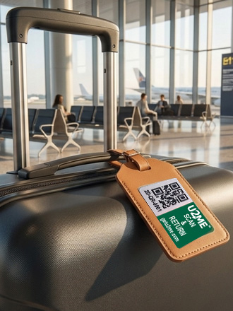 U2ME™ Label on a leather luggage tag