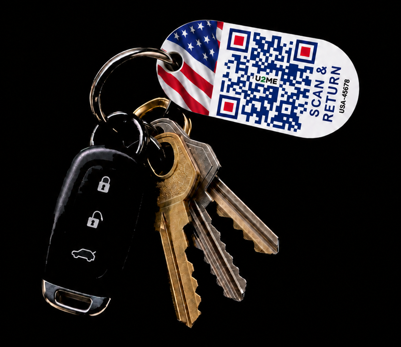 American-face U2ME keychain tag clipped on a set of keys