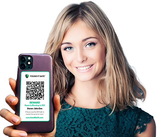 Woman holding phone with SafeCode attached